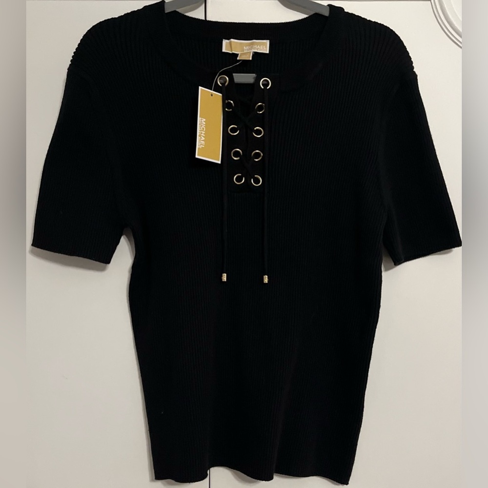 NWT MICHAEL Michael Kors Short-Sleeve Rib Knit Lace-Up Top XL